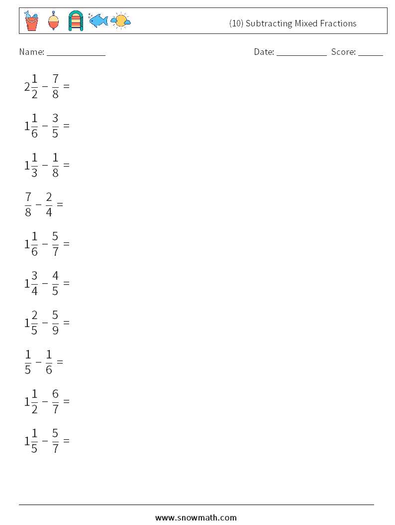 (10) Subtracting Mixed Fractions Maths Worksheets 14