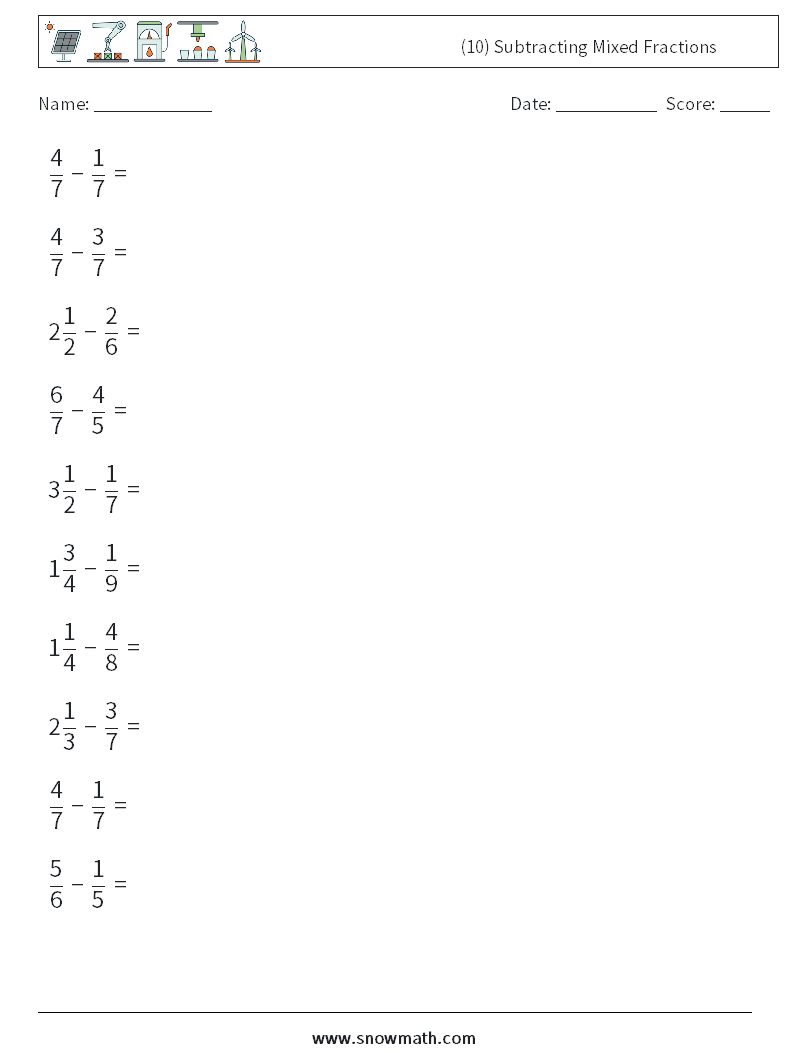 (10) Subtracting Mixed Fractions Maths Worksheets 16