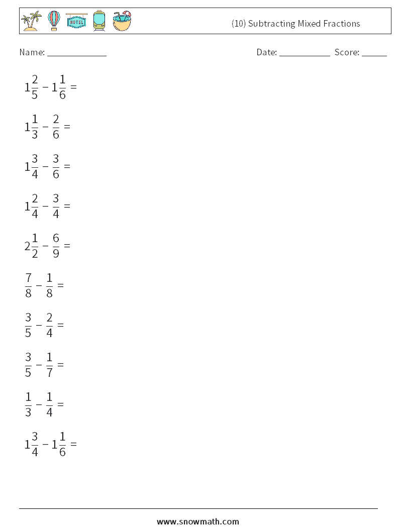 (10) Subtracting Mixed Fractions Maths Worksheets 17