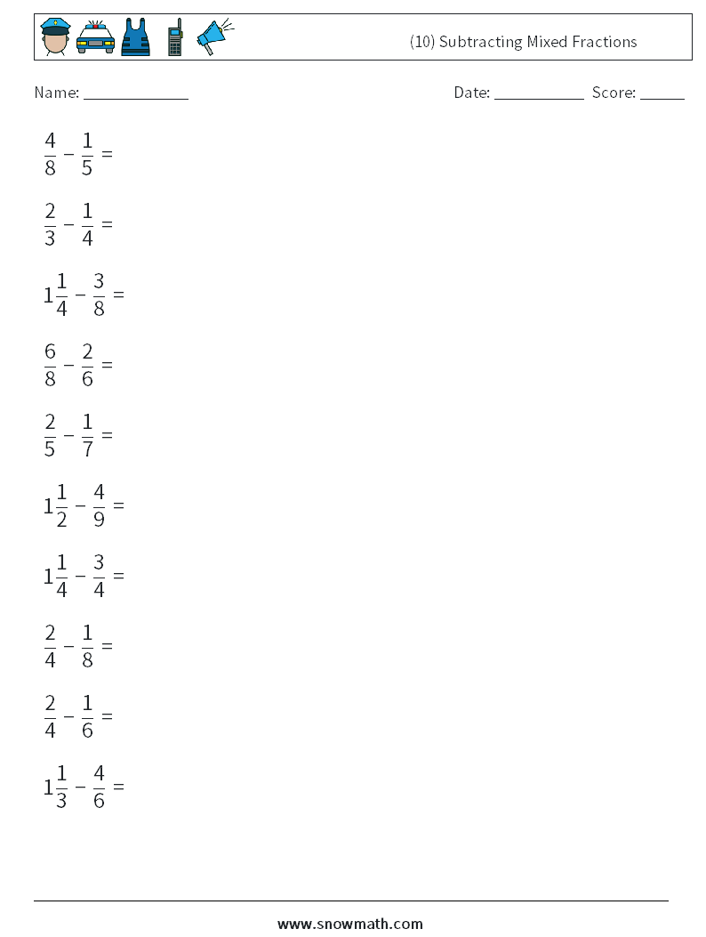 (10) Subtracting Mixed Fractions Math Worksheets 18