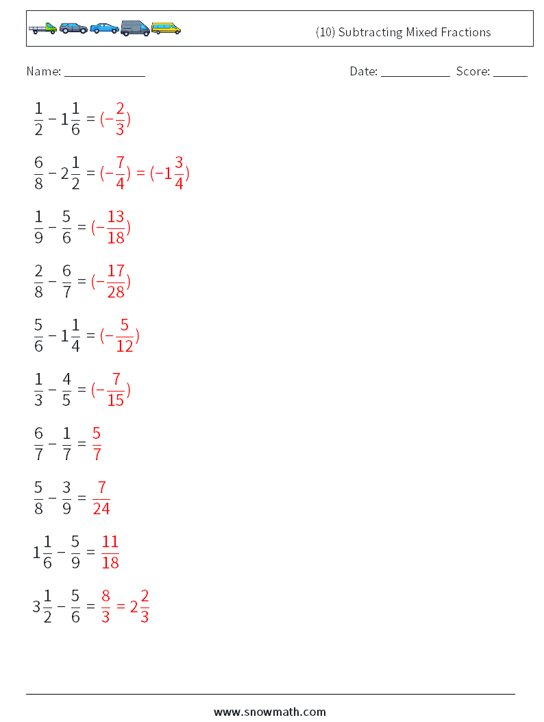 (10) Subtracting Mixed Fractions Math Worksheets 1 Question, Answer