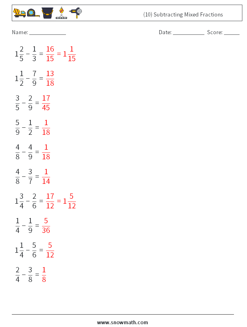 (10) Subtracting Mixed Fractions Math Worksheets 2 Question, Answer