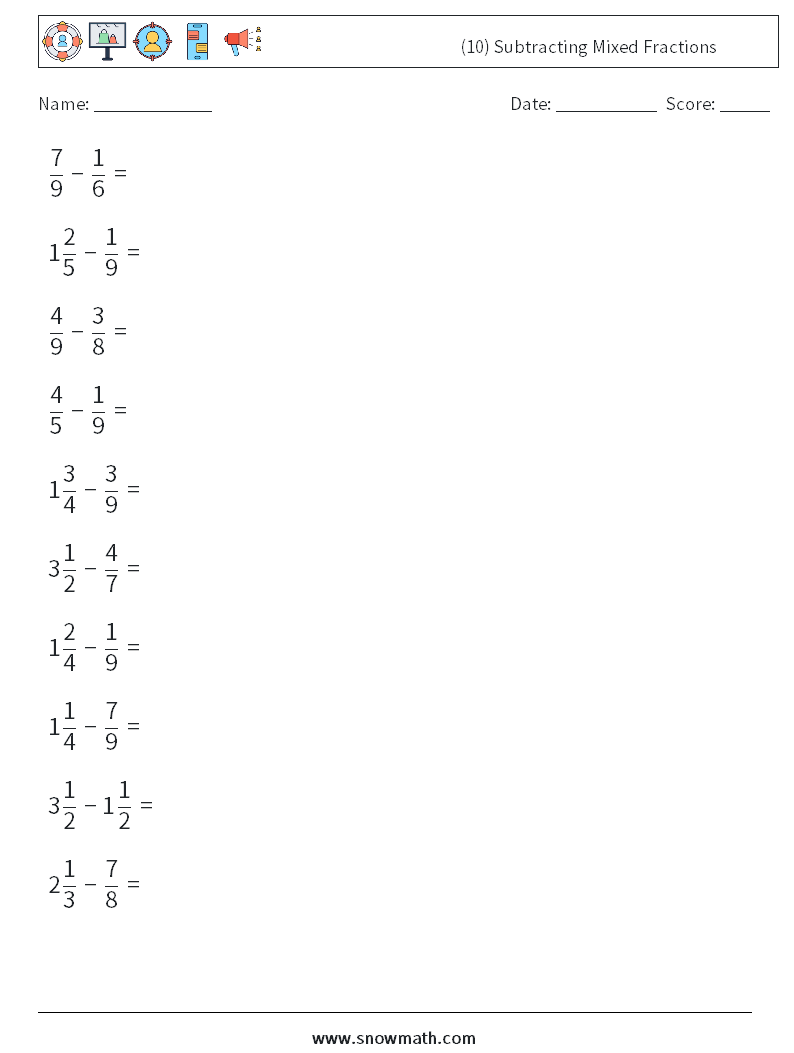 (10) Subtracting Mixed Fractions Maths Worksheets 3