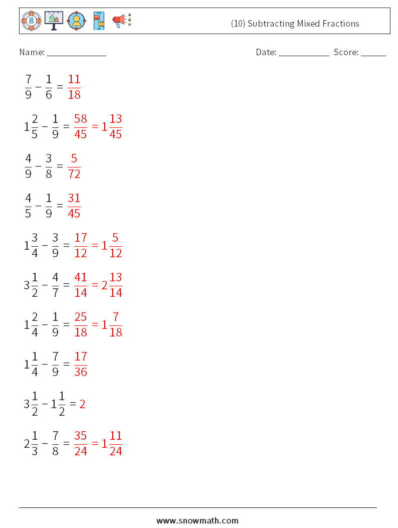 (10) Subtracting Mixed Fractions Math Worksheets 3 Question, Answer