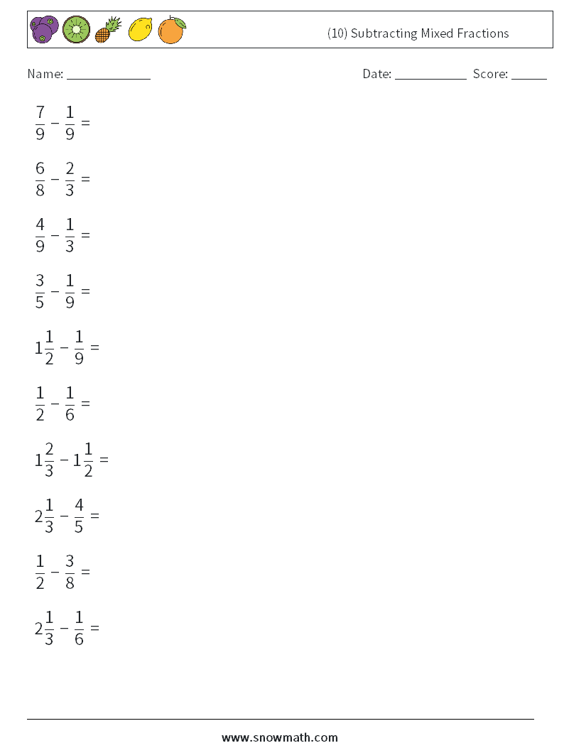 (10) Subtracting Mixed Fractions Maths Worksheets 4