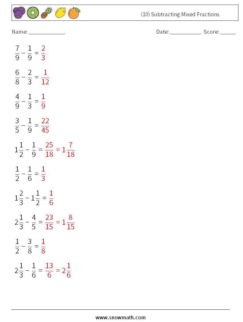 (10) Subtracting Mixed Fractions Math Worksheets 4 Question, Answer