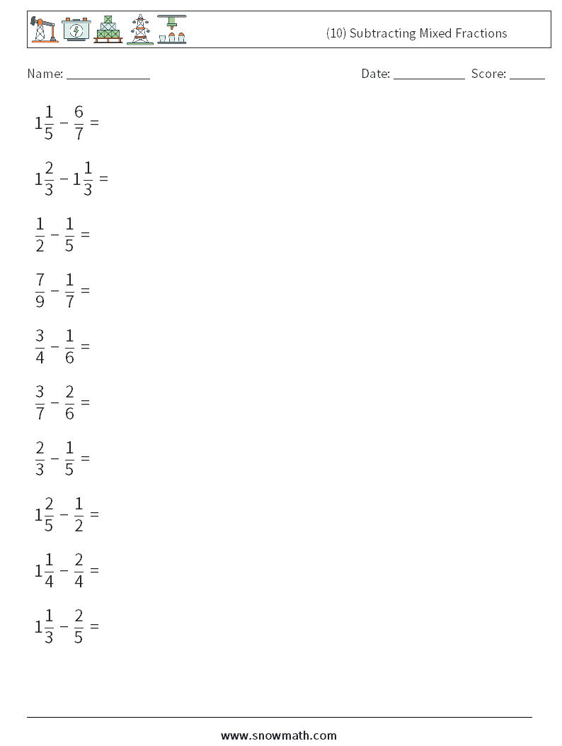 (10) Subtracting Mixed Fractions Maths Worksheets 5