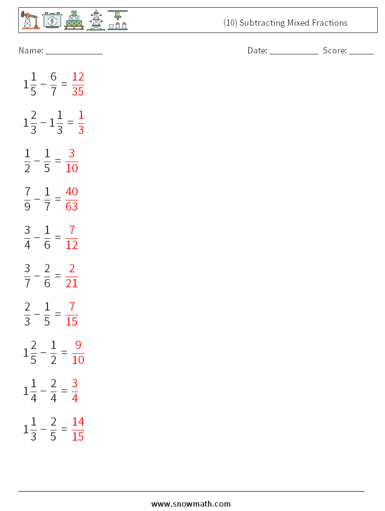 (10) Subtracting Mixed Fractions Math Worksheets 5 Question, Answer