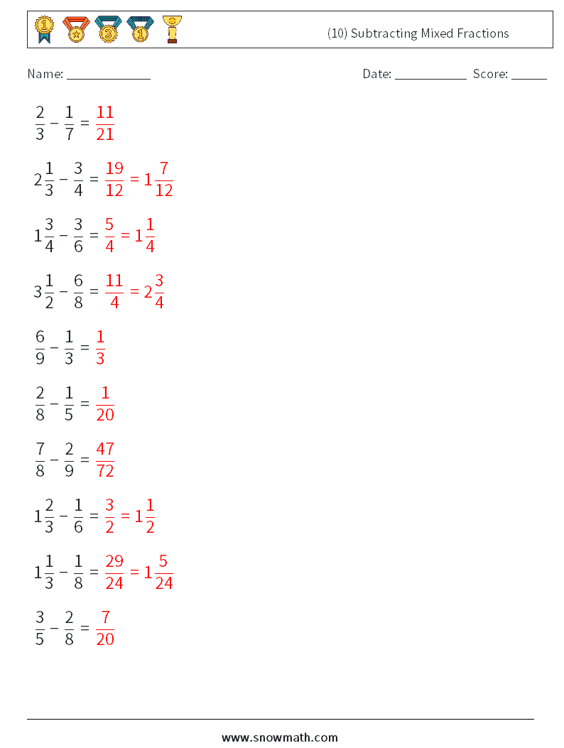 (10) Subtracting Mixed Fractions Math Worksheets 6 Question, Answer