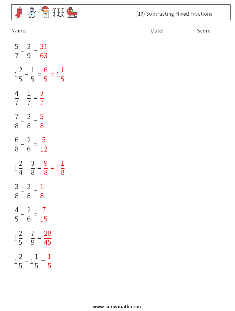 (10) Subtracting Mixed Fractions Math Worksheets 7 Question, Answer