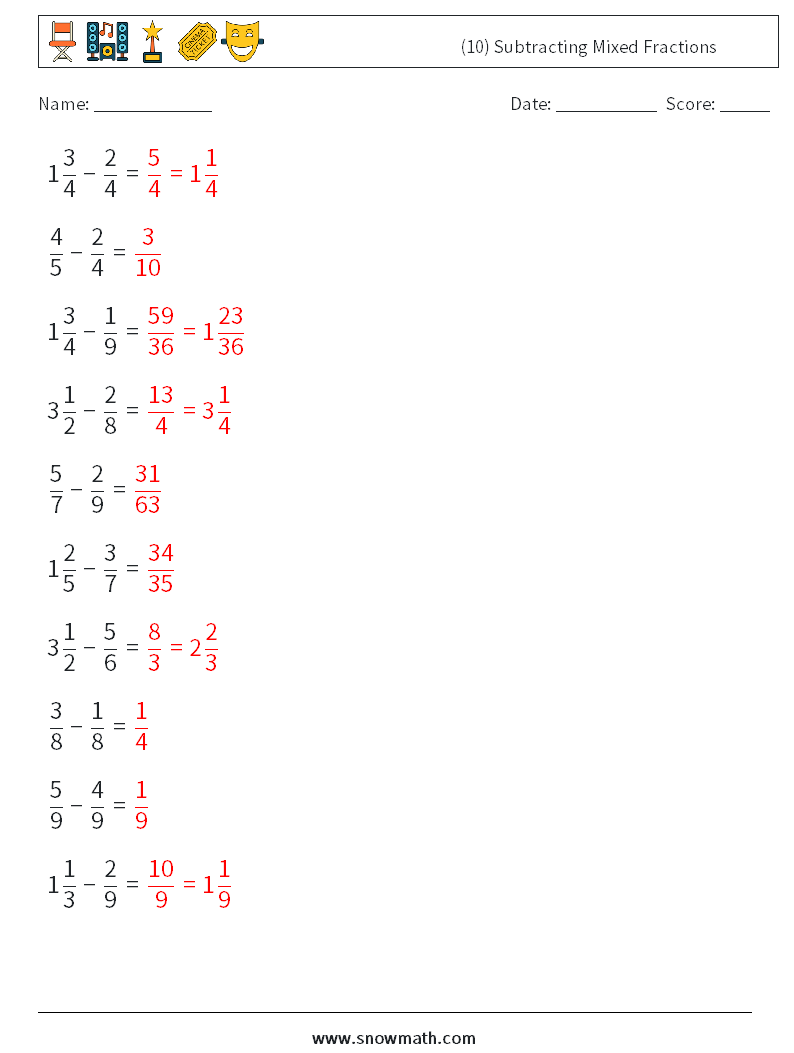 (10) Subtracting Mixed Fractions Math Worksheets 8 Question, Answer