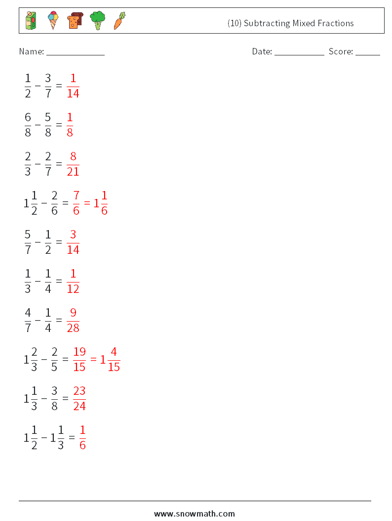 (10) Subtracting Mixed Fractions Math Worksheets 9 Question, Answer