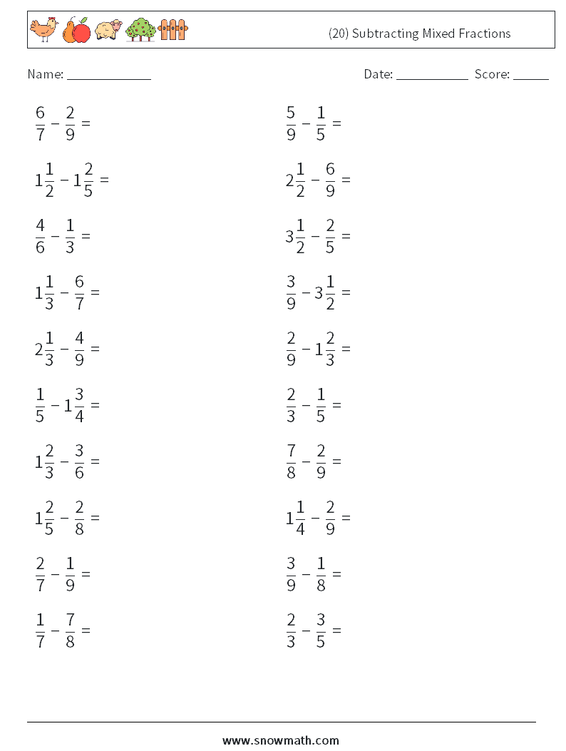 (20) Subtracting Mixed Fractions Maths Worksheets 1