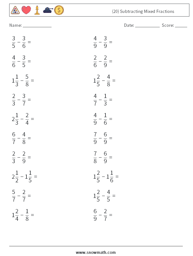 (20) Subtracting Mixed Fractions Math Worksheets 10