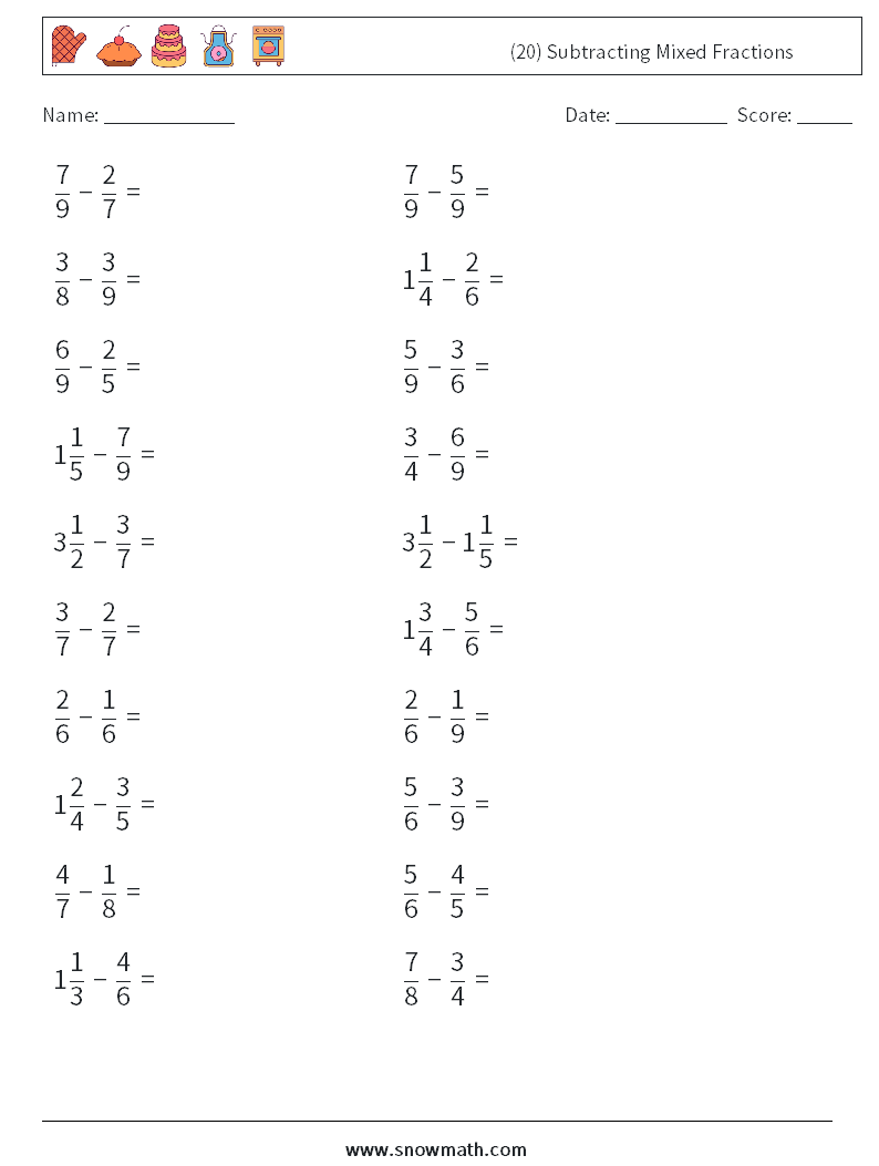 (20) Subtracting Mixed Fractions Math Worksheets 11