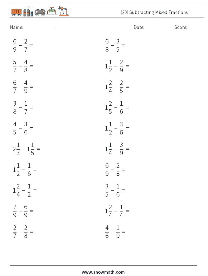 (20) Subtracting Mixed Fractions Math Worksheets 12