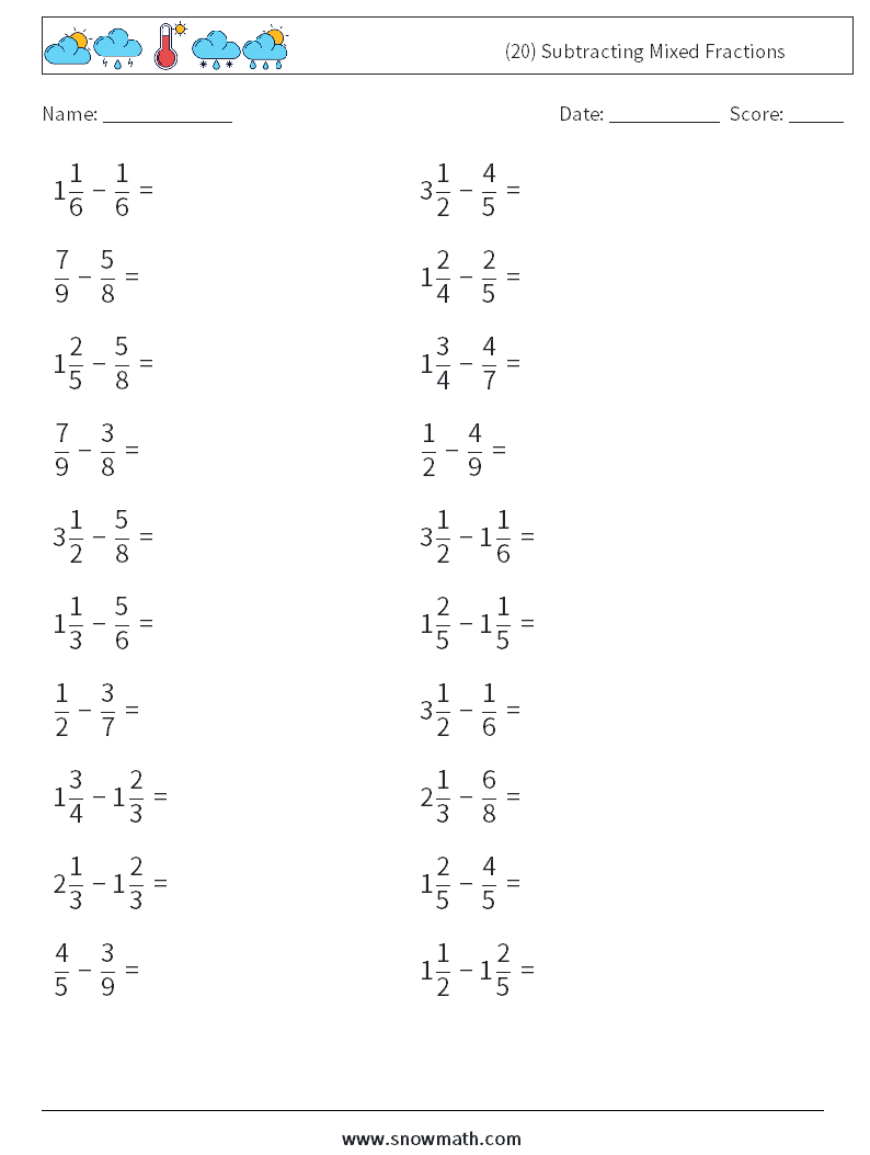 (20) Subtracting Mixed Fractions Math Worksheets 13