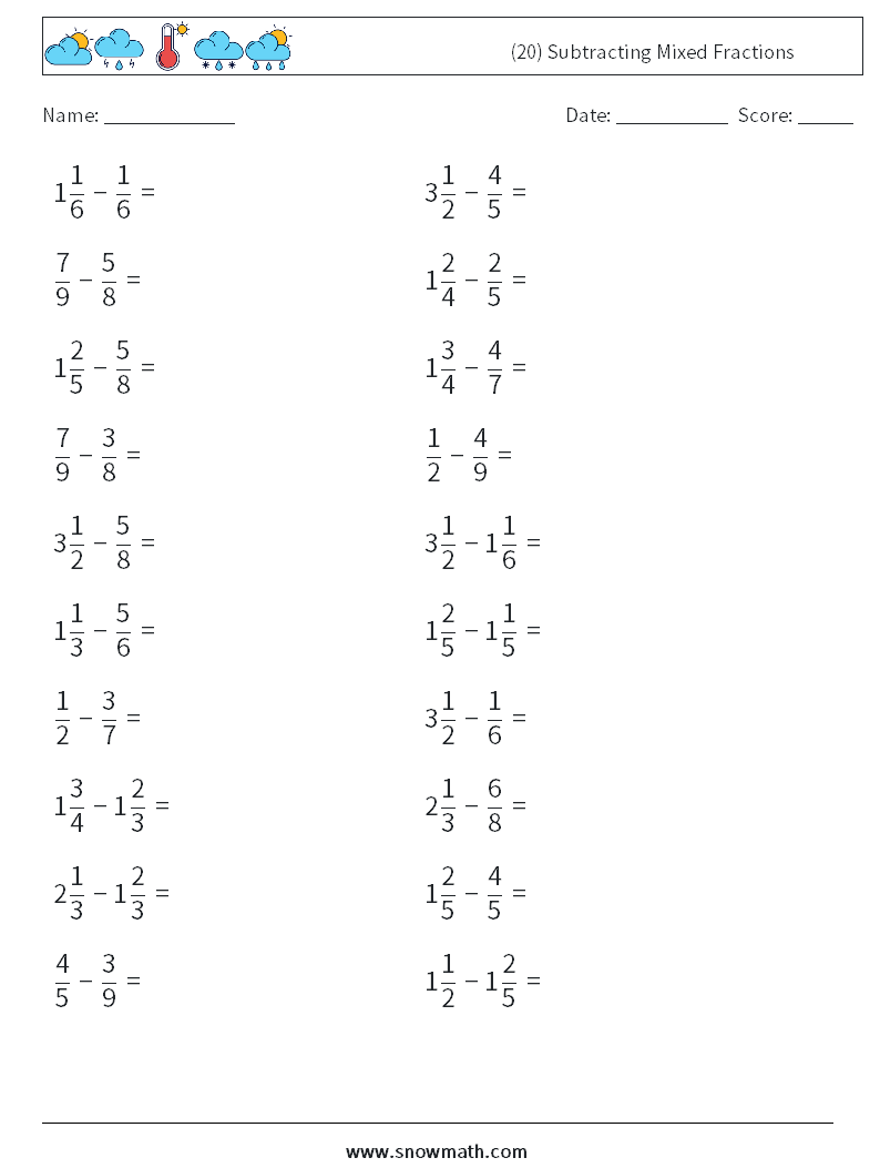 (20) Subtracting Mixed Fractions Maths Worksheets 13