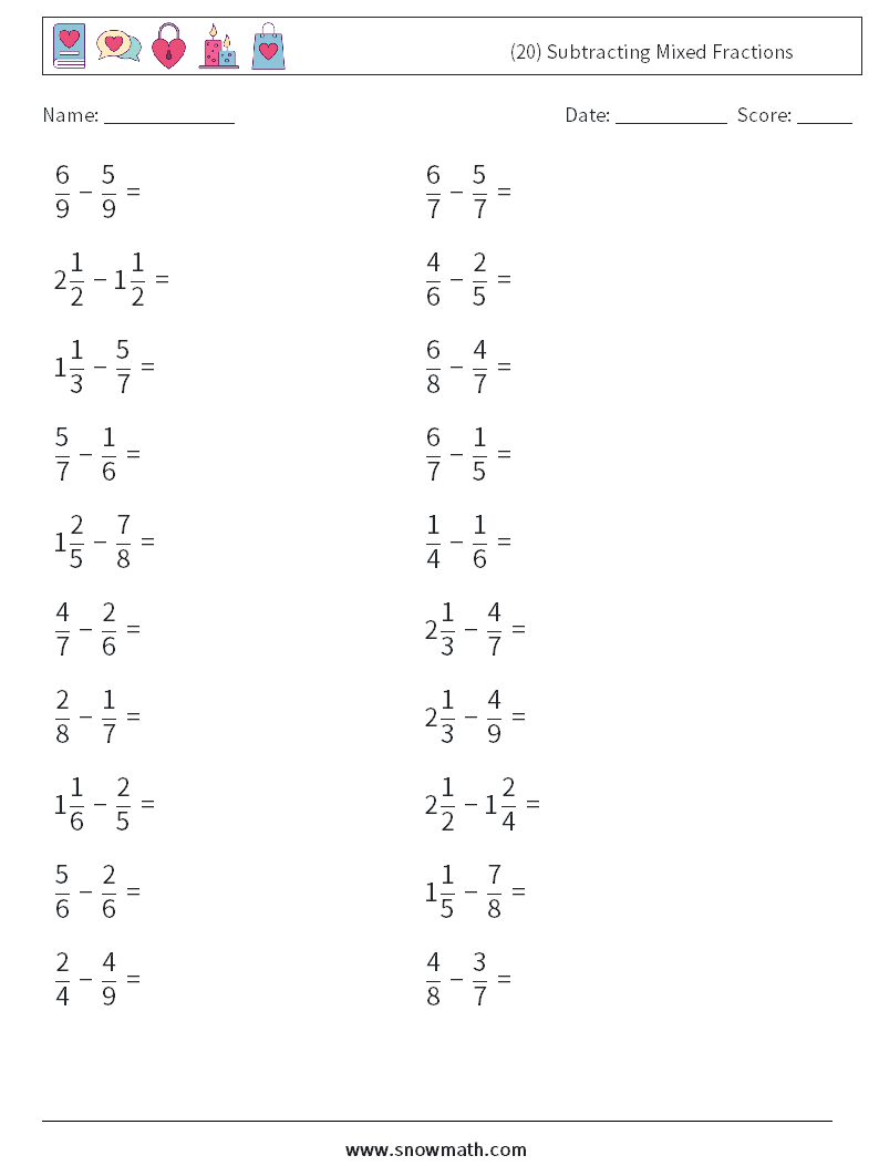 (20) Subtracting Mixed Fractions Math Worksheets 14