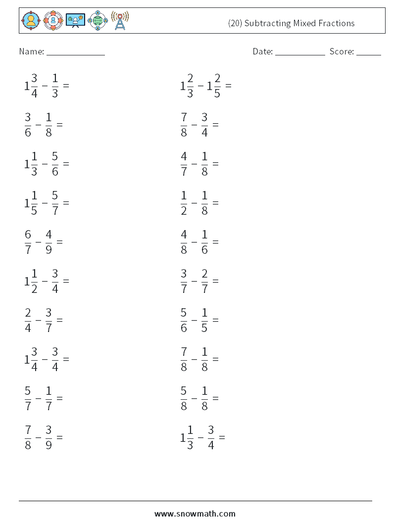 (20) Subtracting Mixed Fractions Math Worksheets 15