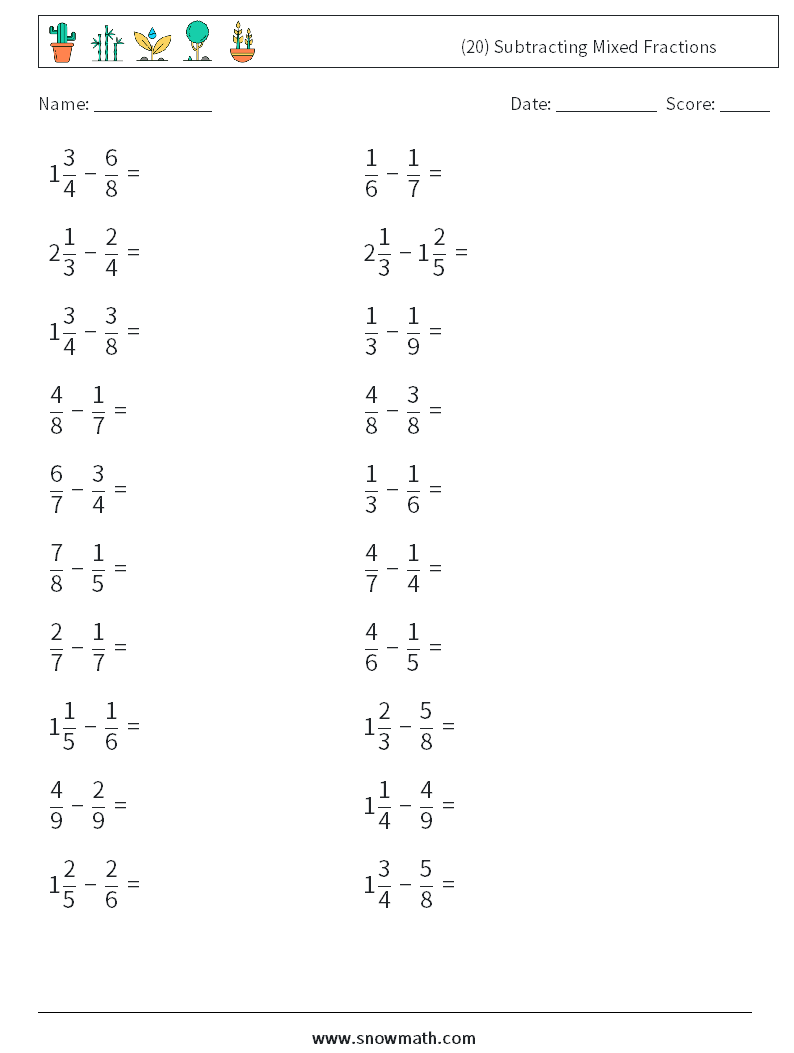 (20) Subtracting Mixed Fractions Math Worksheets 16