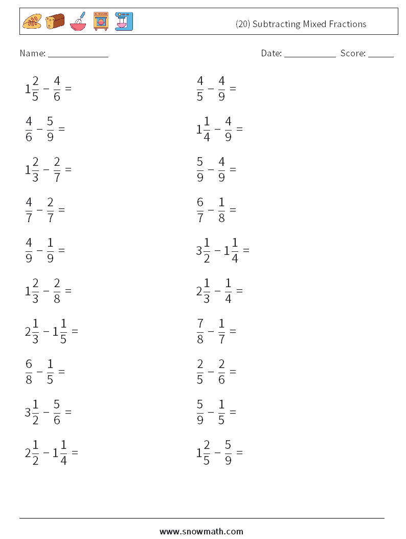 (20) Subtracting Mixed Fractions Math Worksheets 17