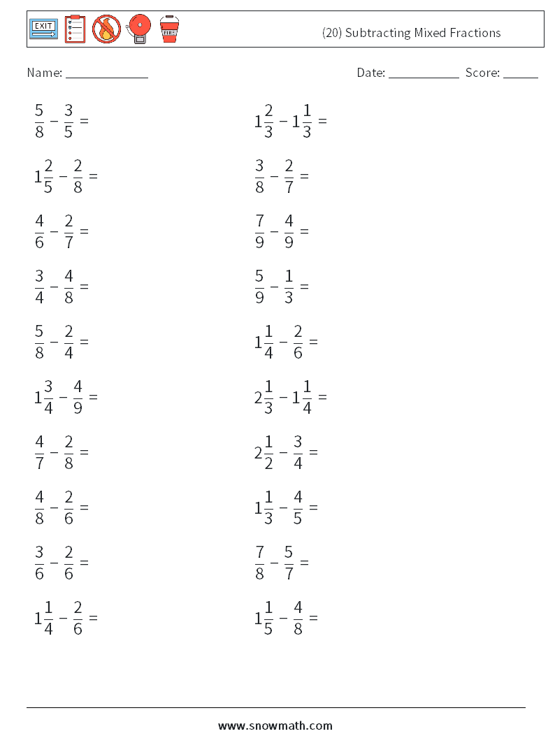 (20) Subtracting Mixed Fractions Math Worksheets 18
