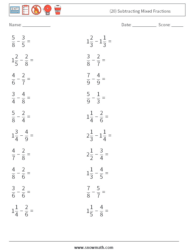 (20) Subtracting Mixed Fractions Maths Worksheets 18