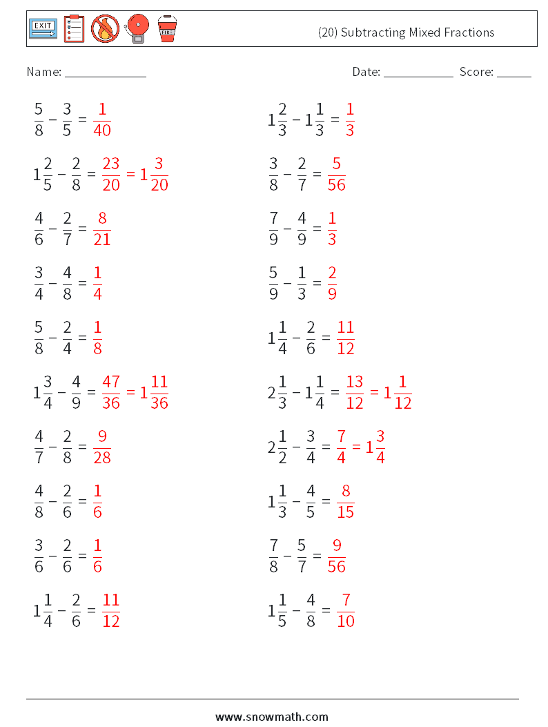 (20) Subtracting Mixed Fractions Math Worksheets 18 Question, Answer