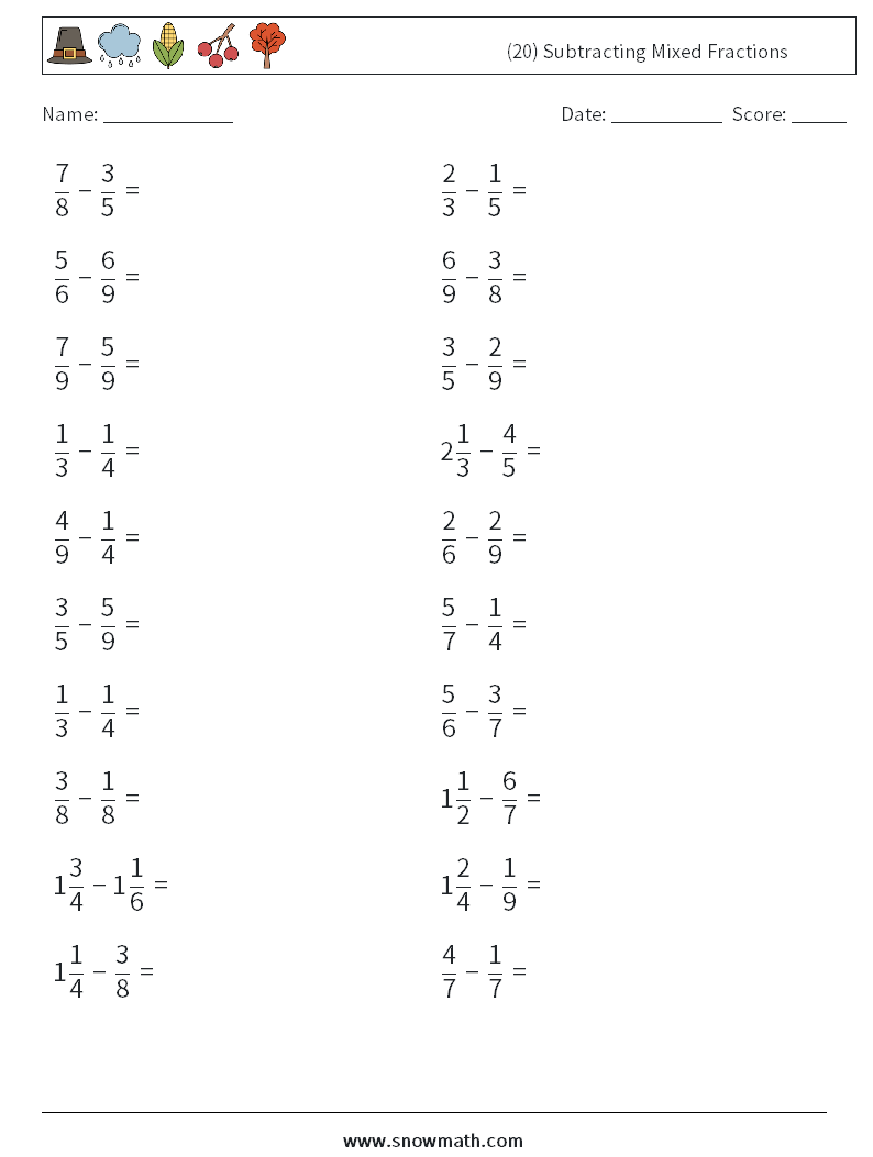 (20) Subtracting Mixed Fractions Maths Worksheets 2