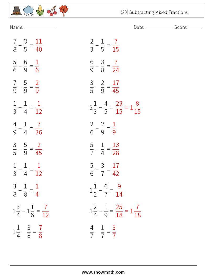 (20) Subtracting Mixed Fractions Math Worksheets 2 Question, Answer