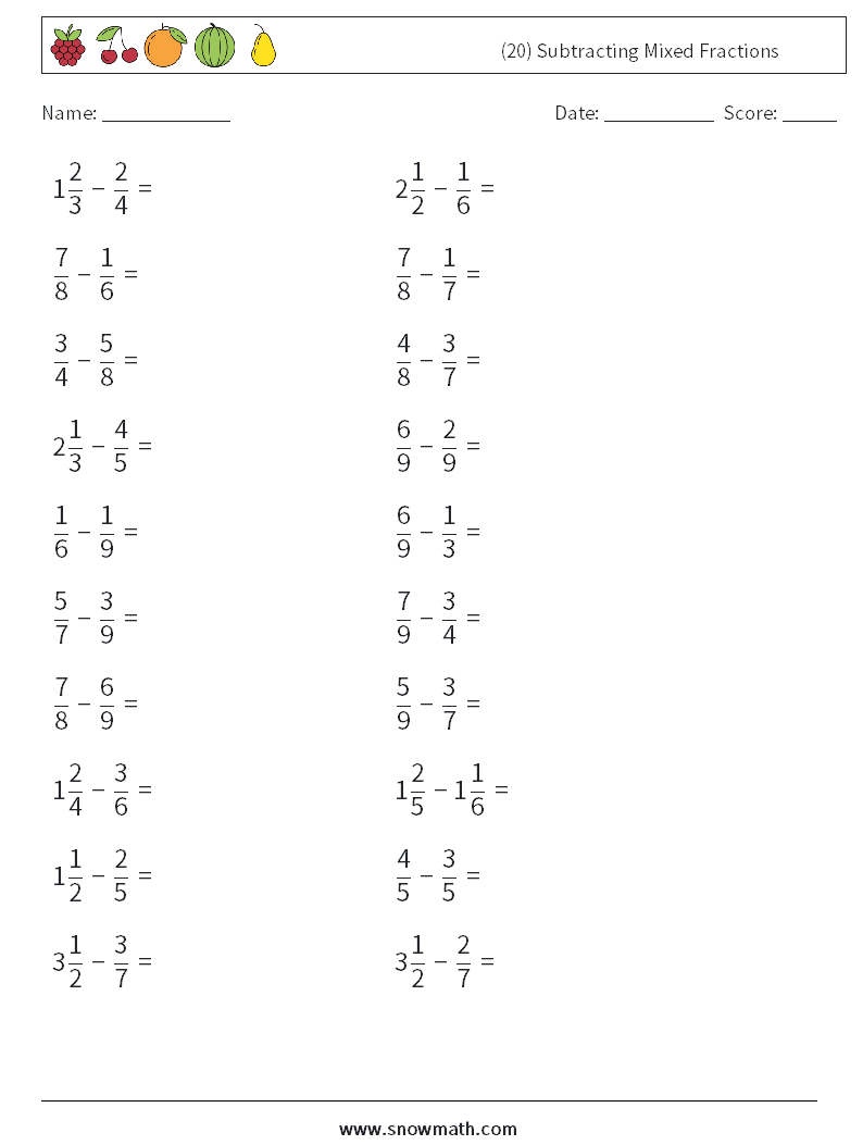 (20) Subtracting Mixed Fractions Math Worksheets 3