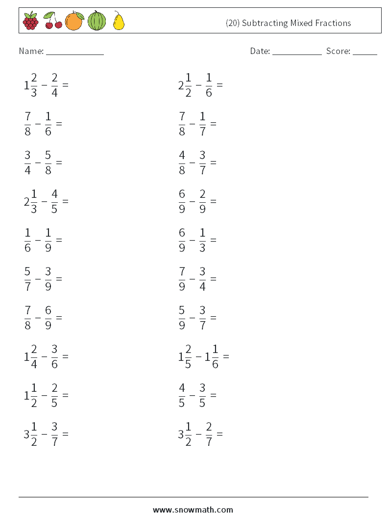 (20) Subtracting Mixed Fractions Maths Worksheets 3