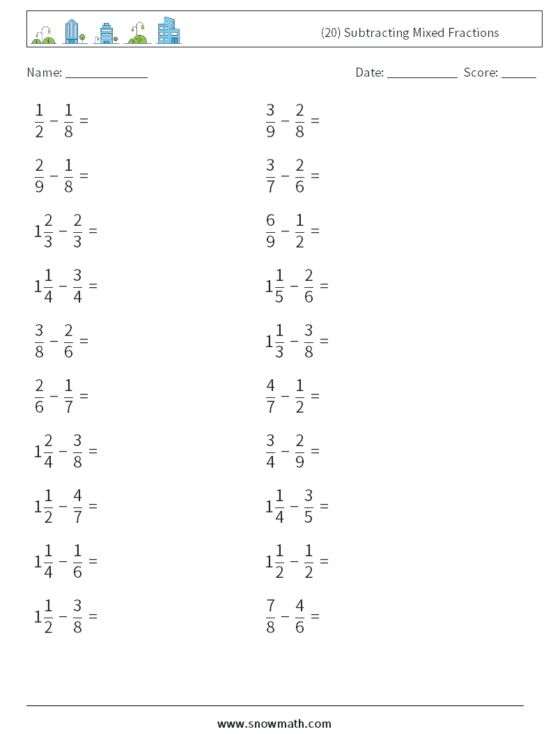 (20) Subtracting Mixed Fractions Math Worksheets 4