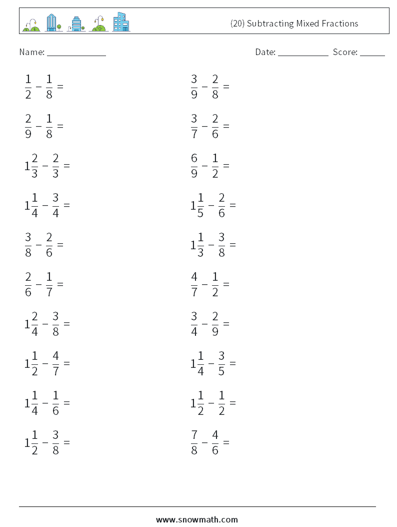 (20) Subtracting Mixed Fractions Maths Worksheets 4