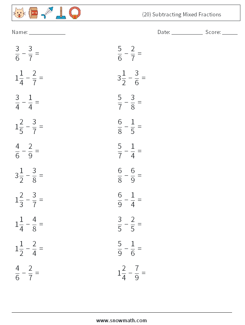 (20) Subtracting Mixed Fractions Math Worksheets 6