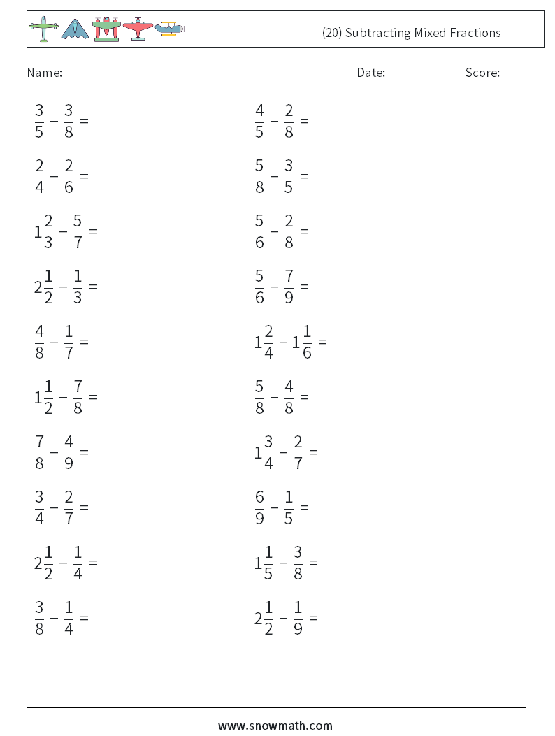 (20) Subtracting Mixed Fractions Math Worksheets 7