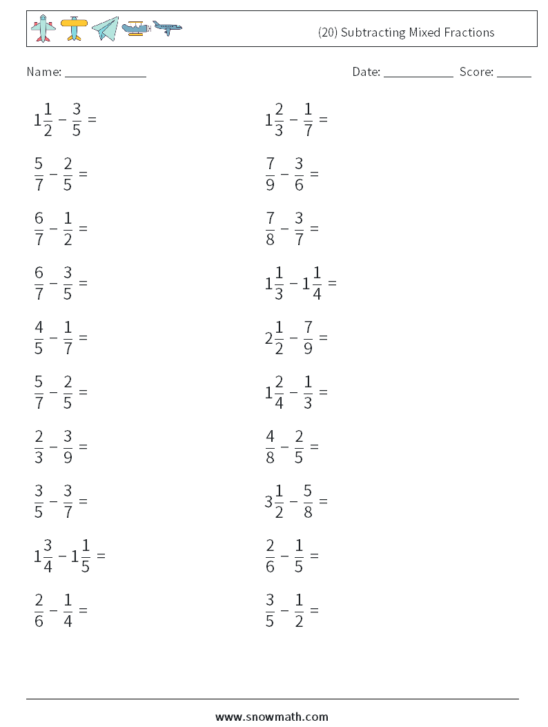 (20) Subtracting Mixed Fractions Math Worksheets 8
