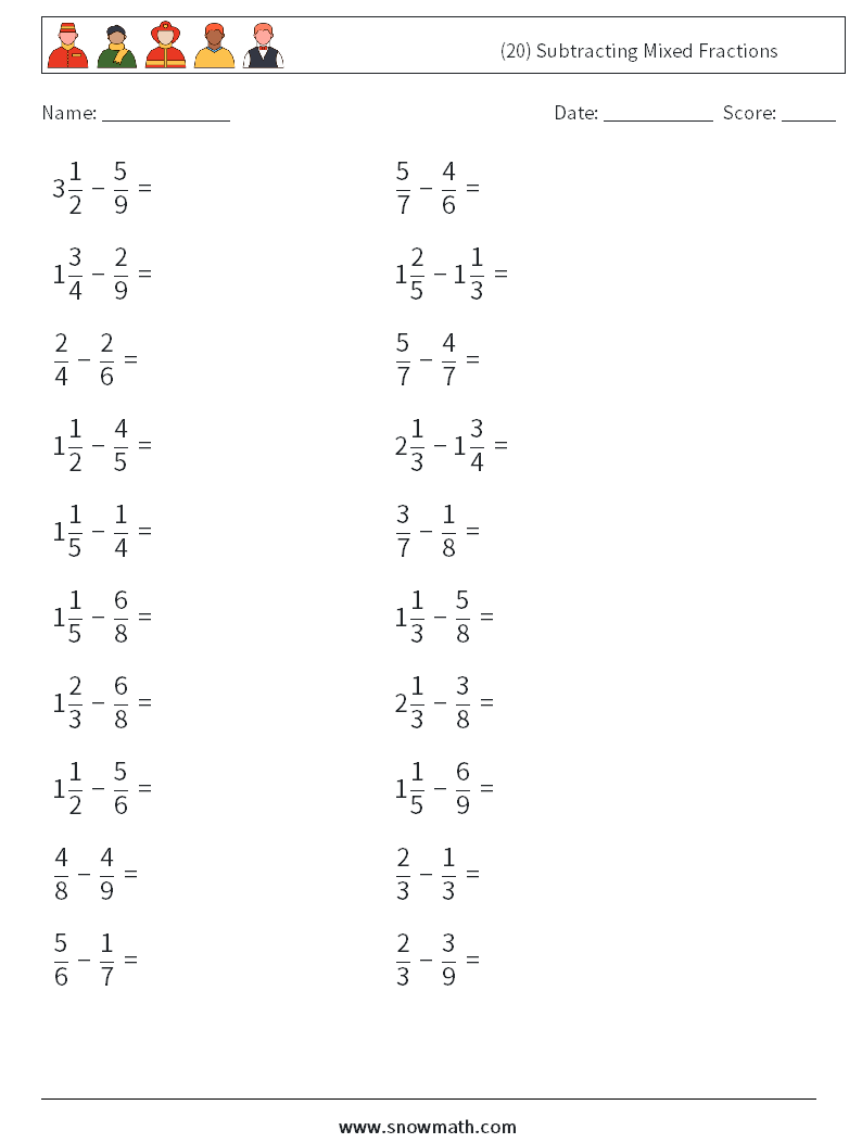 (20) Subtracting Mixed Fractions Math Worksheets 9