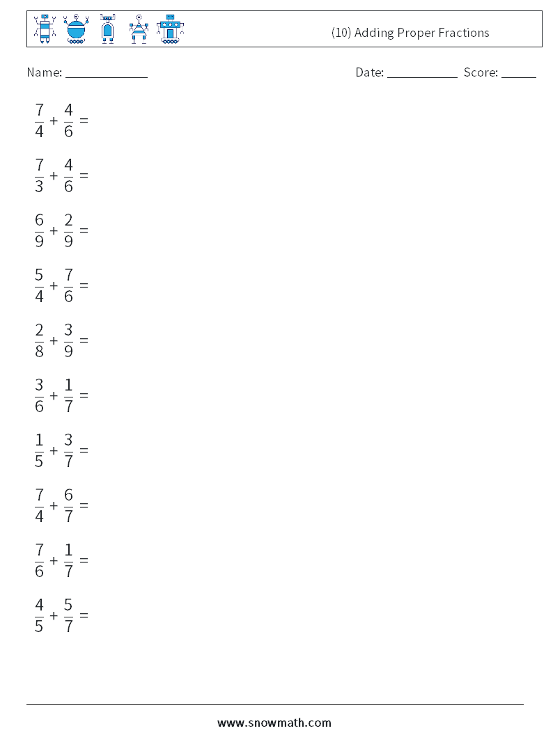 (10) Adding Proper Fractions Maths Worksheets 1