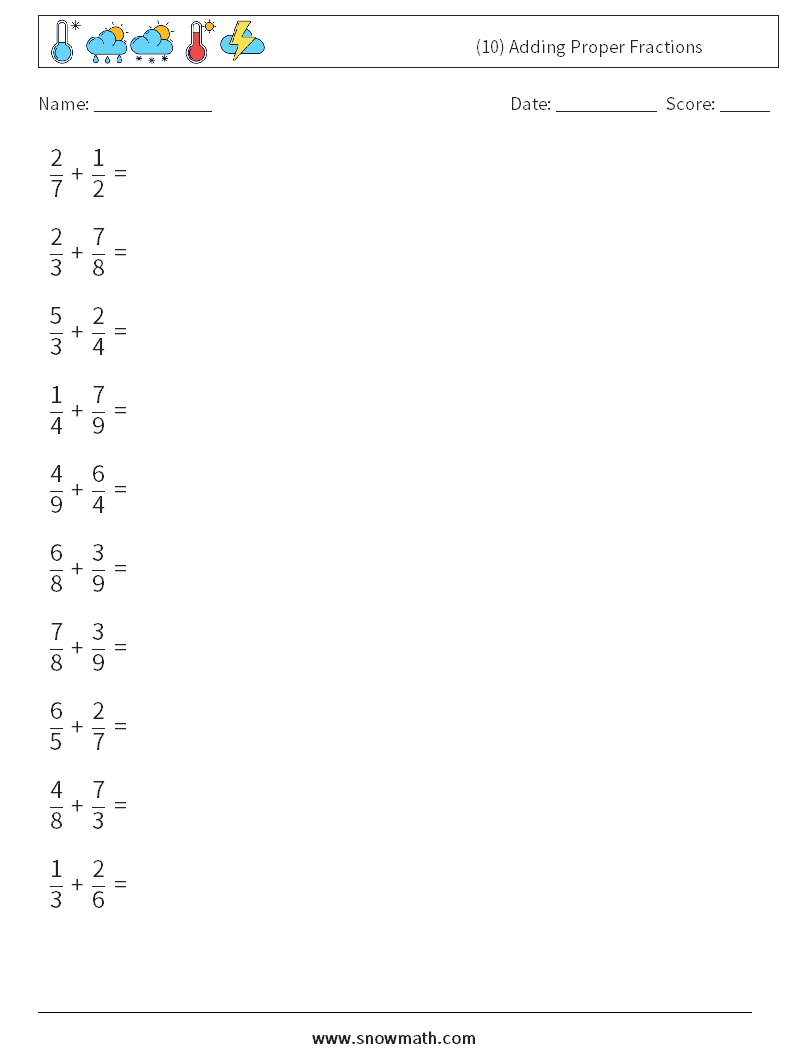 (10) Adding Proper Fractions Math Worksheets 10