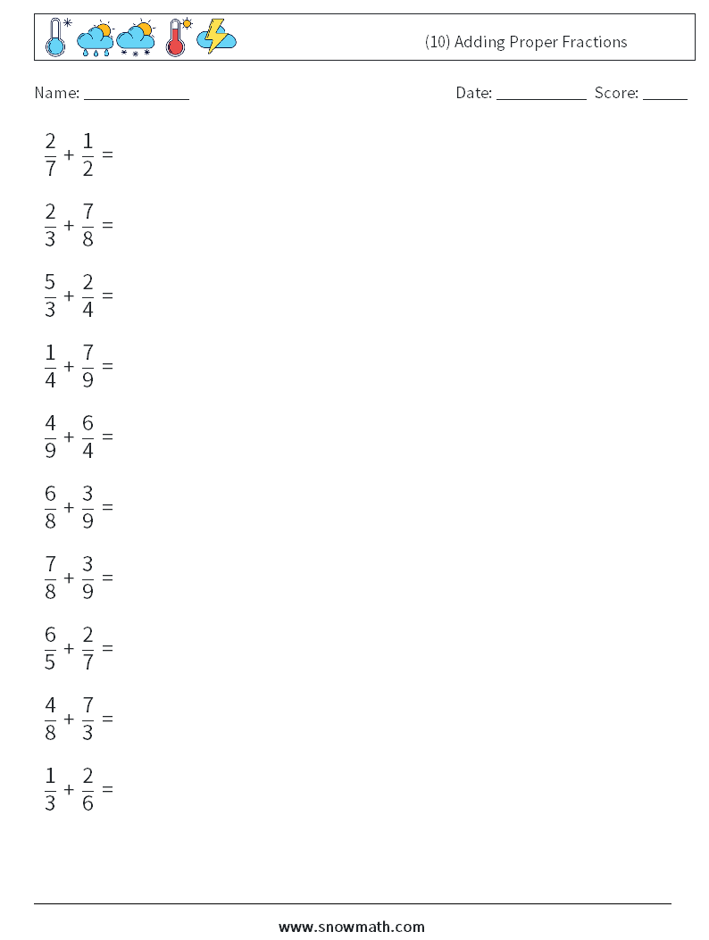 (10) Adding Proper Fractions Maths Worksheets 10