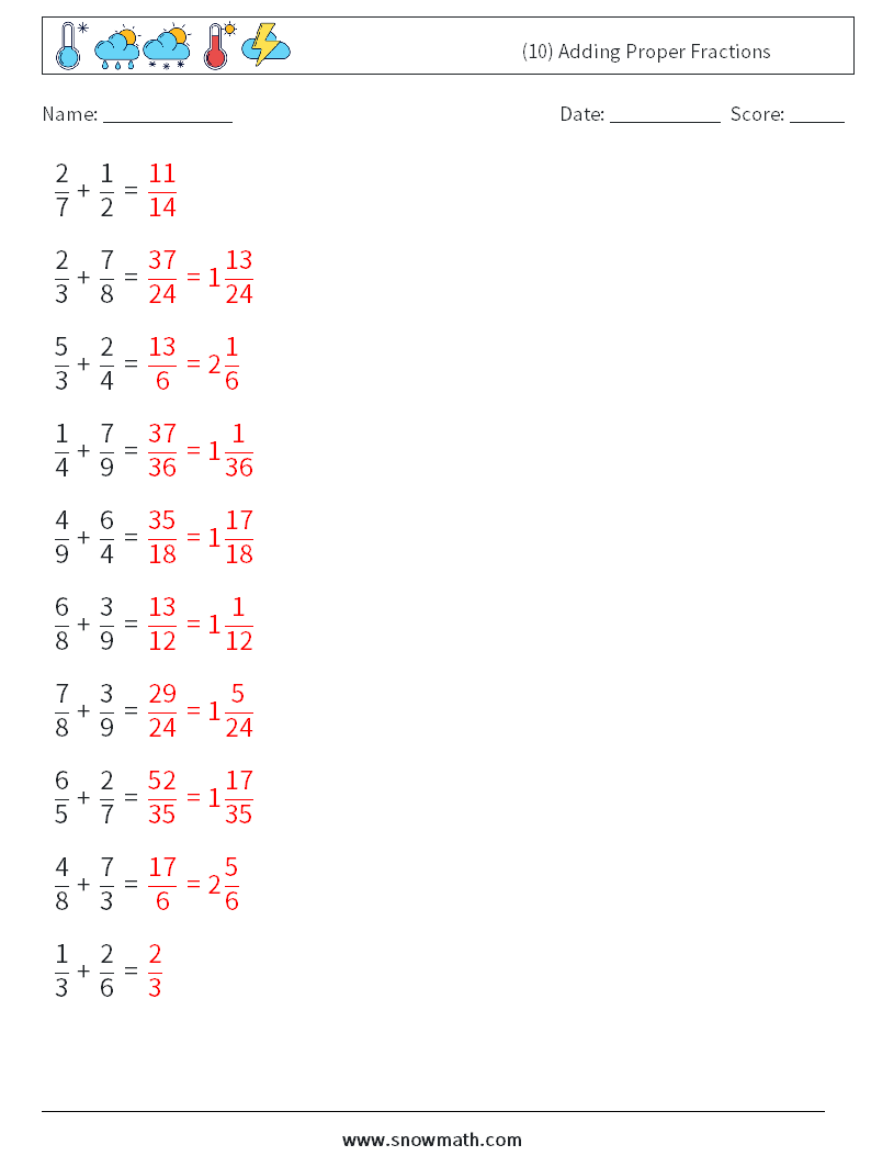 (10) Adding Proper Fractions Math Worksheets 10 Question, Answer