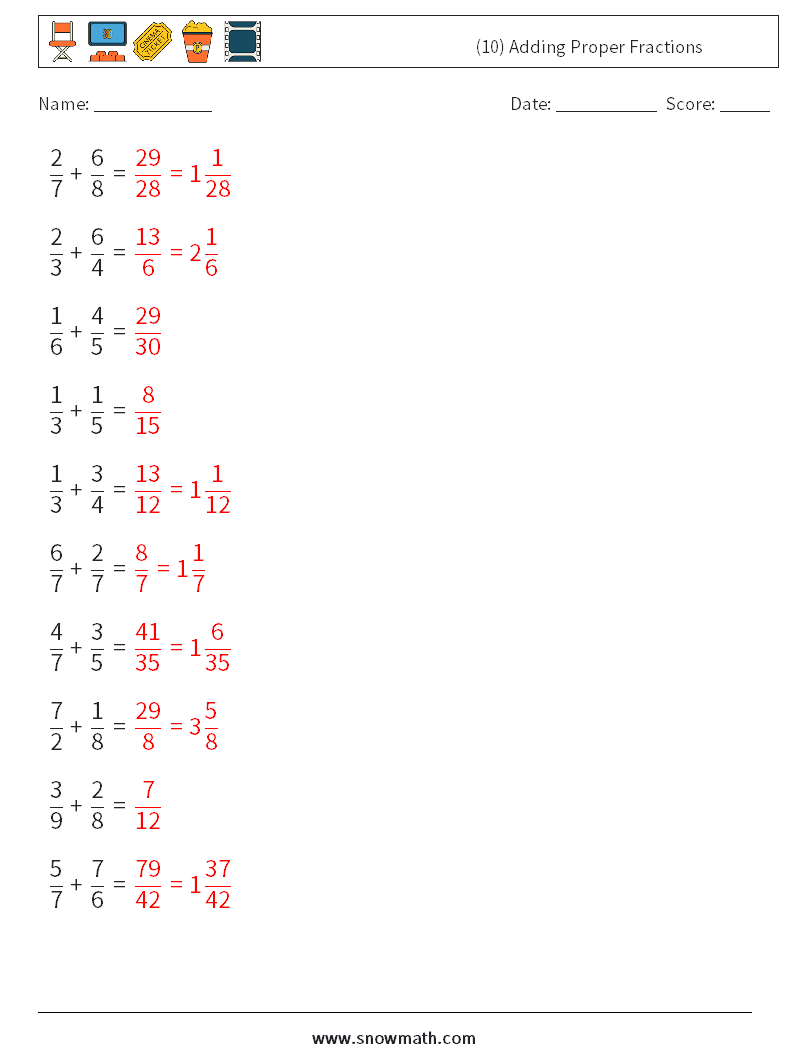 (10) Adding Proper Fractions Math Worksheets 11 Question, Answer