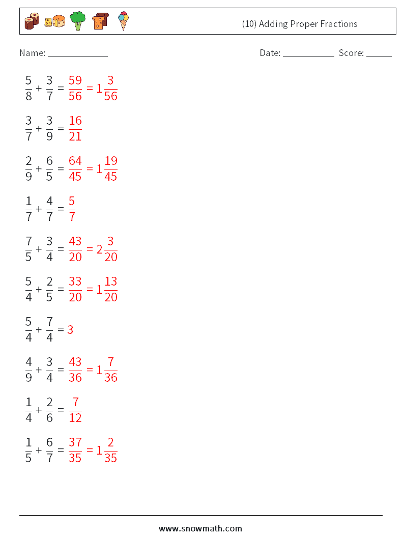 (10) Adding Proper Fractions Math Worksheets 12 Question, Answer