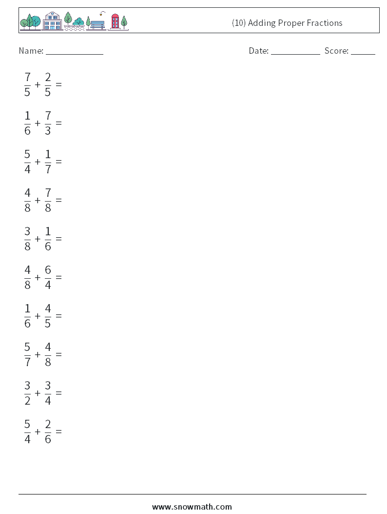 (10) Adding Proper Fractions Math Worksheets 13