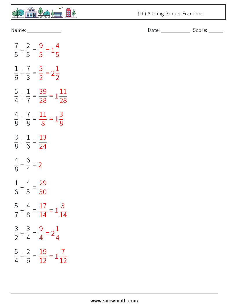 (10) Adding Proper Fractions Math Worksheets 13 Question, Answer