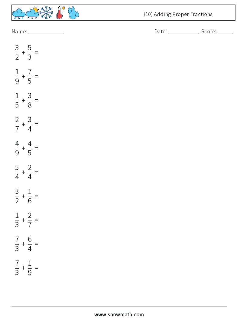 (10) Adding Proper Fractions Math Worksheets 16
