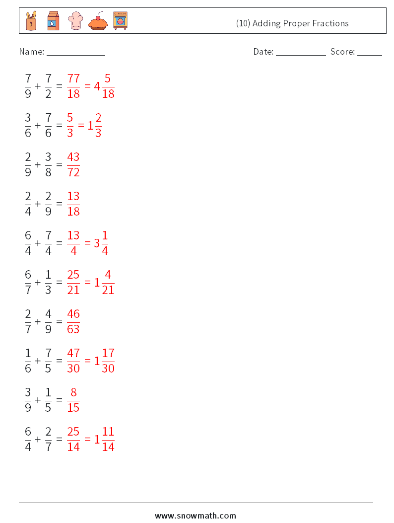 (10) Adding Proper Fractions Math Worksheets 17 Question, Answer