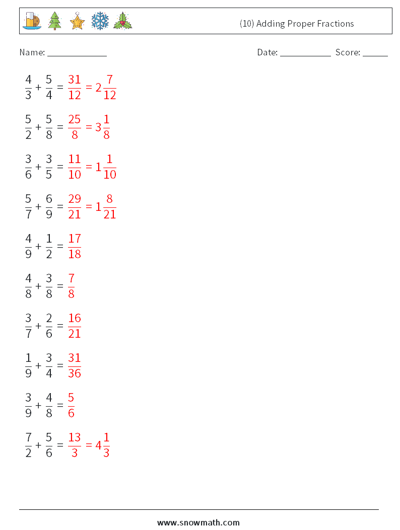 (10) Adding Proper Fractions Math Worksheets 18 Question, Answer